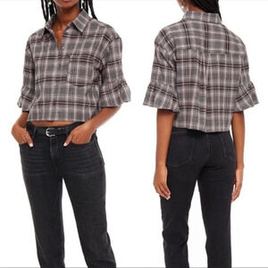 Cinq A Sept Gray Pink Plaid Button Front Crop Top Women's Size XS